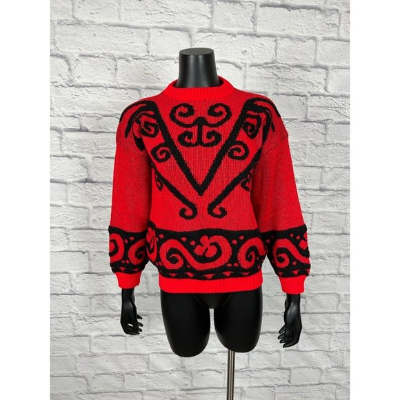 Vintage Sweaters - Rose Metallic Knit Black & Red Pullover Round Neck  Long Sleeve Sweater 90s Sz L